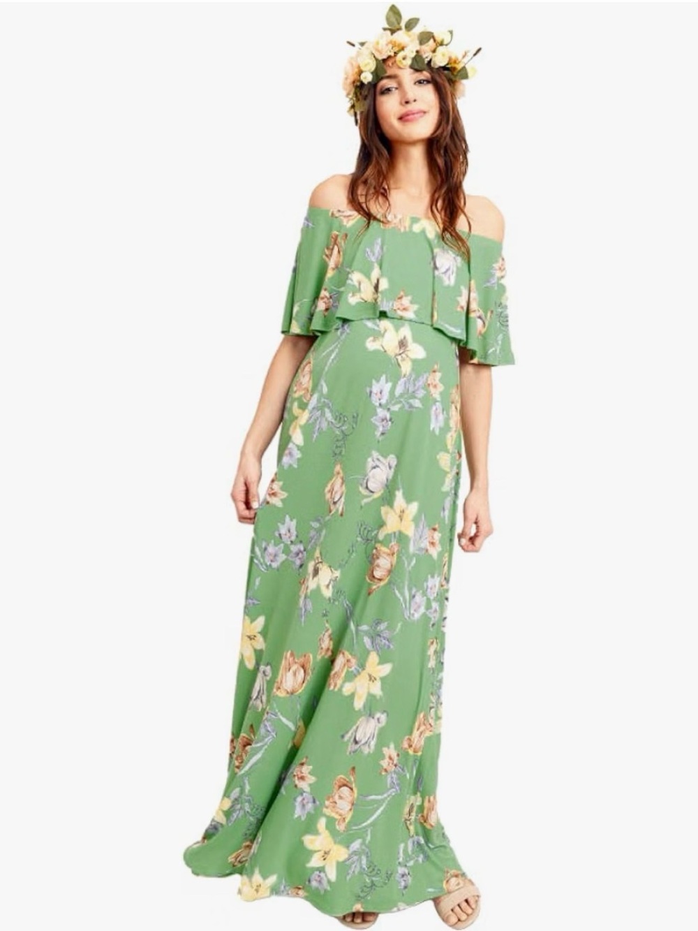 Hello MIZ Sage Green Floral Off-Shoulder Maxi Dress maternity, wedding guest
